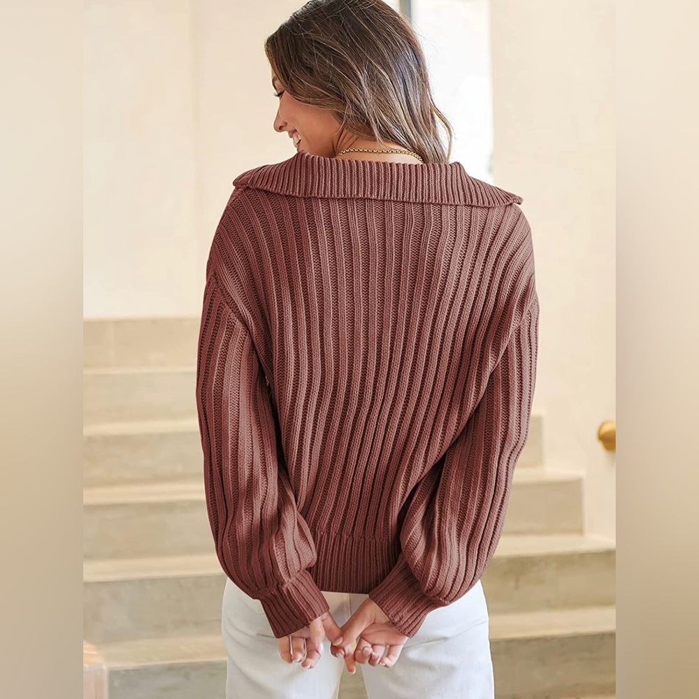 Women's 2022 Fall Winter Long Sleeve 1/4 Zipper Collared Casual Chunky Cable - Picture 3 of 3